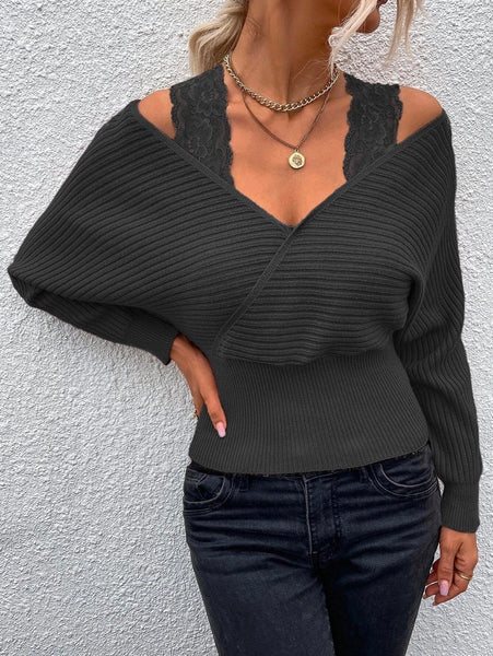 Simple Long Sleeves Hollow Lacy Solid Color V-Neck Sweater Tops