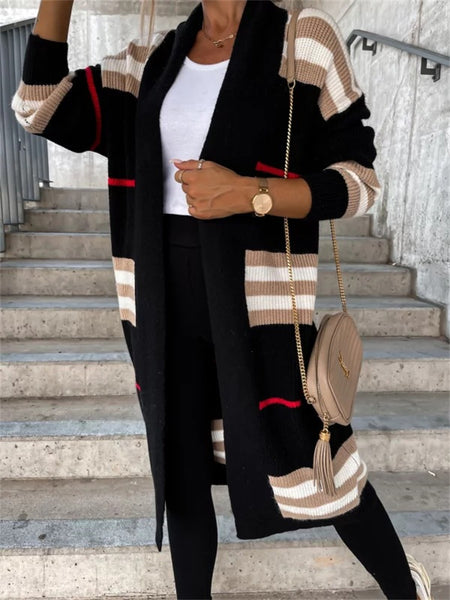 Ladies Long Cardigan Striped Knit Sweater-Corachic