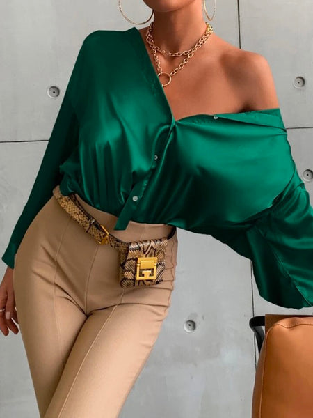 Sexy Long Sleeves Buttoned  V-Neck Satin Blouses&Shirts Tops