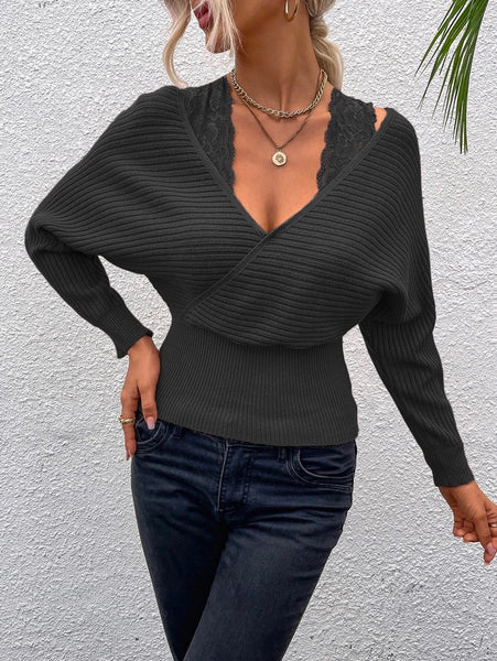 Simple Long Sleeves Hollow Lacy Solid Color V-Neck Sweater Tops