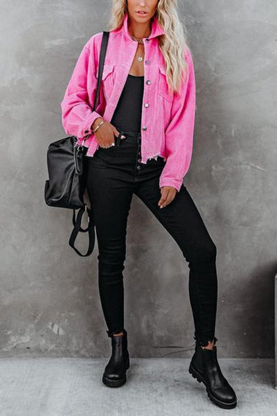 Frayed Hem Cropped Corduroy Jacket