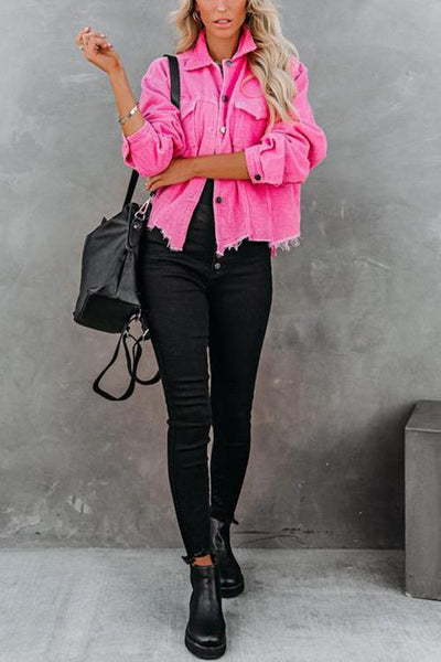 Frayed Hem Cropped Corduroy Jacket