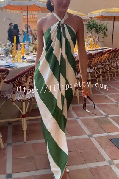 Most Dreamy Stripe Print Halter Tie-up Backless Pocket Loose Maxi Dress
