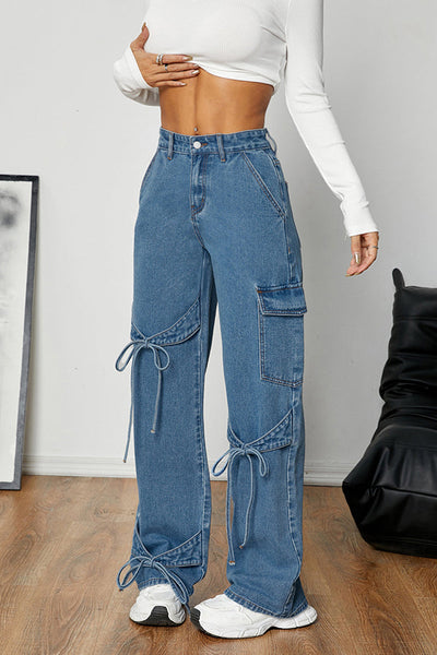 Fashion Bow Tie Workwear Loose Pocket Straight Jeans