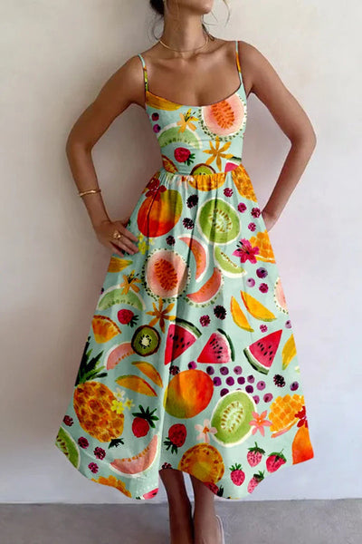 Summer Colorful Unique Printed Sexy Suspender Slim Midi Dress