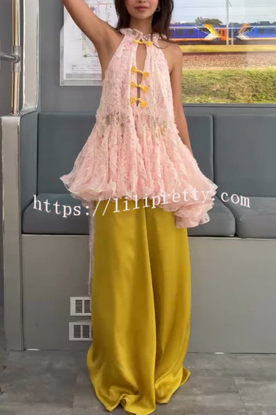 Cheongsam Style Lace Stand Neck Knots Button Ruffle Flare Hem Top