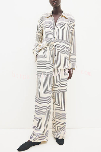 Unique Print Lapel Long Sleeve Loose Shirt and Elastic Waist Casual Pocket Wide Leg Pants Set