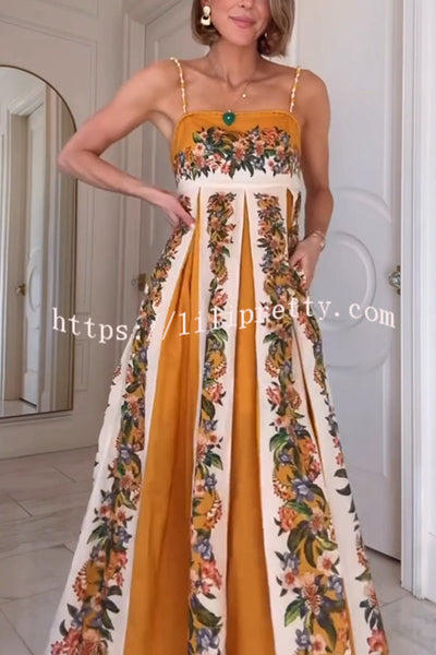 Bloom Bright Linen Blend Floral Print Beaded Shoulder Straps Pocket Maxi Dress