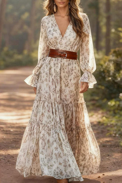 Bohemian-style Floral Print V-neck Long-sleeved Casual Maxi Dress