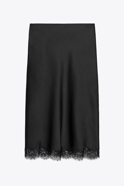 Dolly Satin Lace Trim Mid Rise Slit Drape Midi Skirt