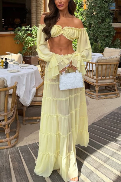 Gentle Sunshine Off Shoulder Long Bell Sleeve Crop Top and Elastic Waist Layered Cover-up Maxi Skirt Set