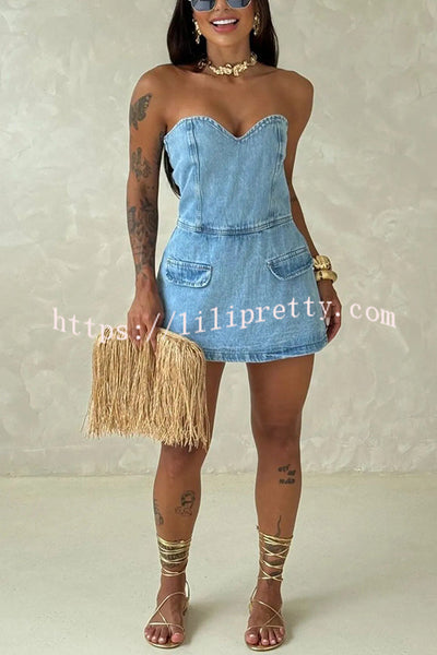 Avantie Denim Off Shoulder Back Smocked Zipper Romper