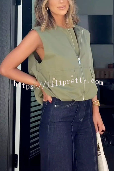 Fashion Zipper Sleeveless Pocket Loose Vest Jacket
