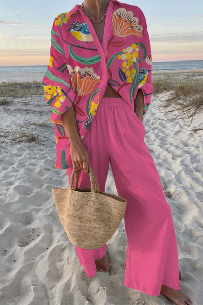 Plant Print Oversized Shirt and Elastic Waist Pocket Pants Set