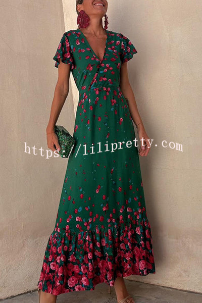 Falling Flowers Printed Ruffle Sleeve Wrap Loose Maxi Dress