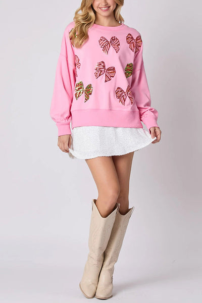 Christmas Bow Sequin Loose Casual Long Sleeve Sweatshirt