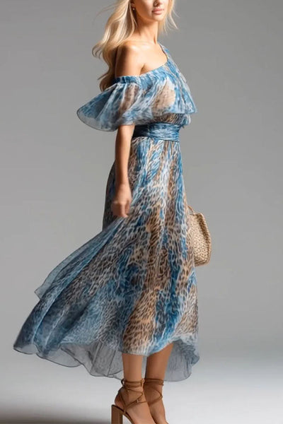 Lue Leopard Print One-Shoulder Flowy Maxi Dress