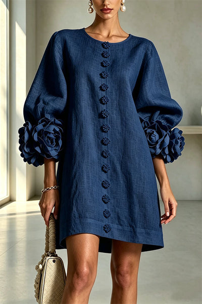 Rima Linen Blend Flowers Button Down Floral Cuffs Half Sleeve Mini Dress