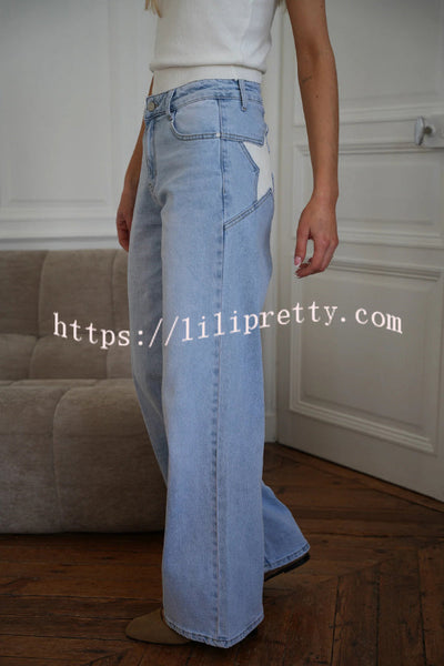 Stylish Denim Colorblock Star Patterned Mid Waist Pocket Wide Leg Jeans