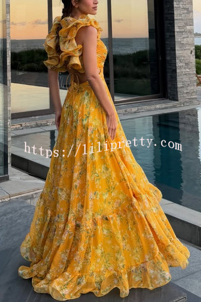 Delicate Garden Chiffon Floral Print Tiered Ruffle Cutout Back Lace-up Gown Maxi Dress