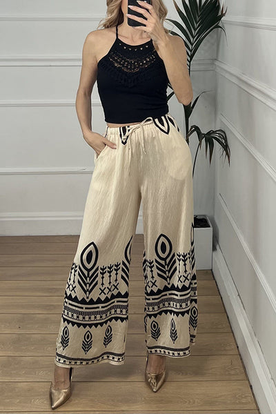 Unique Print Elastic Waist Casual Pocket Wide Leg Pants