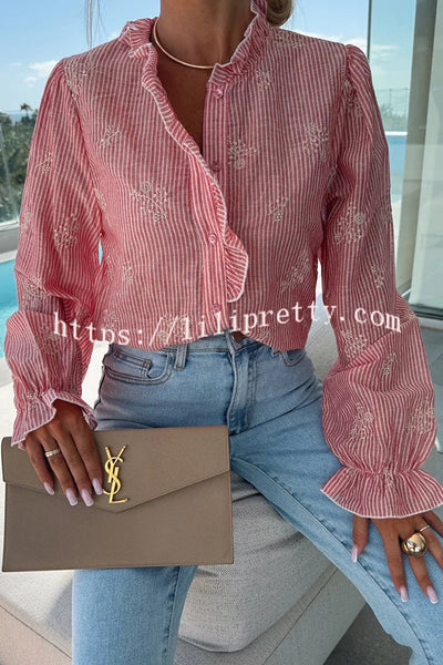 Stripe Print Plant Embroidery Long Sleeve Casual Shirt