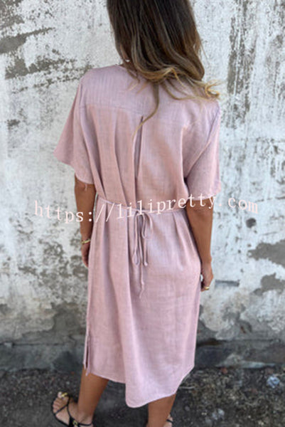 Embroidered Pattern V-neck Short-sleeved Loose Midi Dress