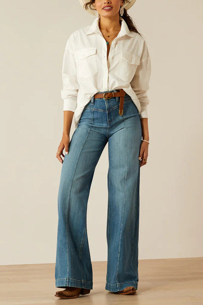 Fashion High Waist Casual Pocket Drape Stretch Straight Jeans