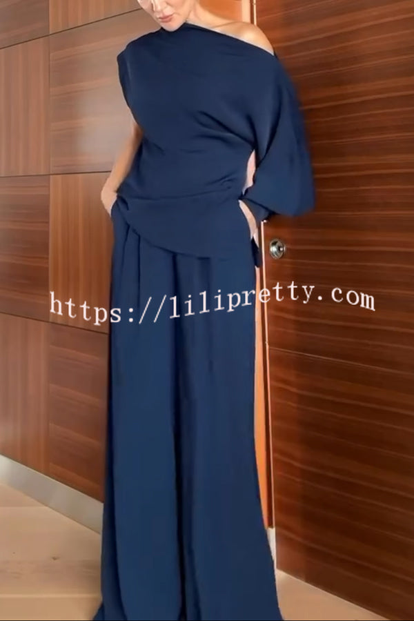 Cleo One Shoulder Irregular Balloon Sleeve Top and High Rise Pleated Button Waist Pocket Loose Pants Set