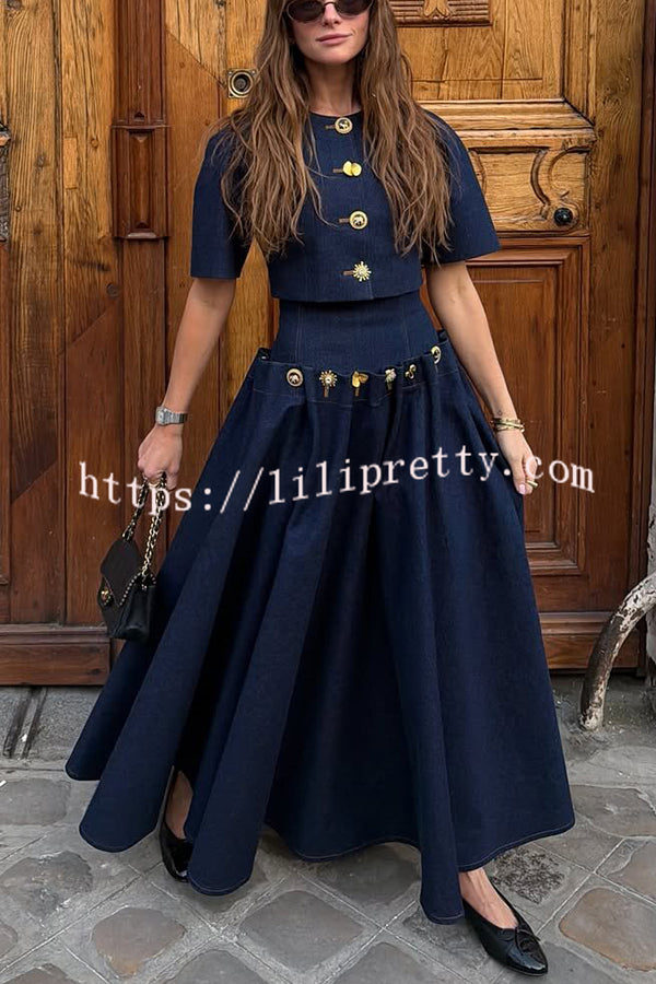Custom Look Denim Unique Metal Pattern Buttons Lace-up Waist Crisp Hem Maxi Skirt