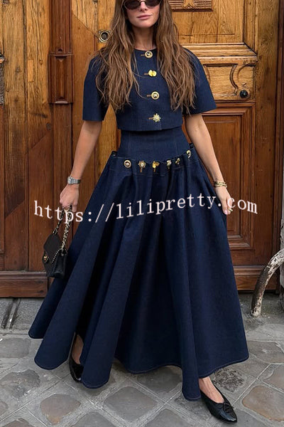 Custom Look Denim Unique Metal Pattern Buttons Lace-up Waist Crisp Hem Maxi Skirt