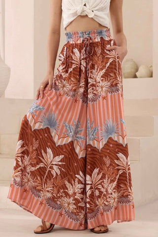 Unique Print Casual Elastic Waist Drawstring Pocket Wide-Leg Pants