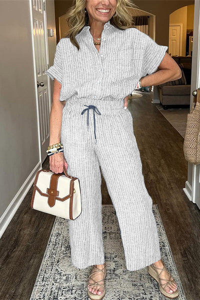 Fashion Striped Print Lapel Short-sleeved Shirt and Elastic Waist Pocket Casual Pants Set