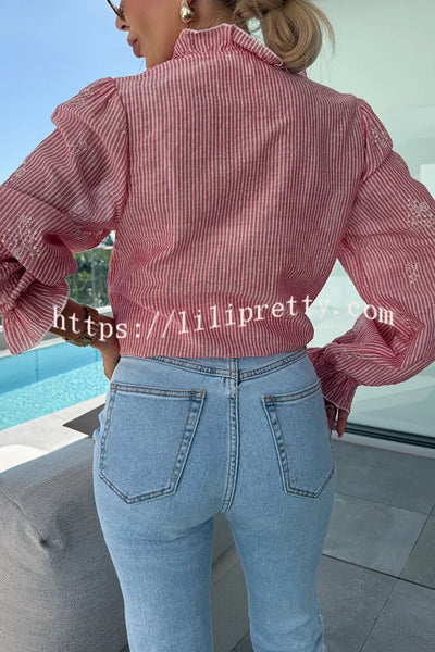 Stripe Print Plant Embroidery Long Sleeve Casual Shirt