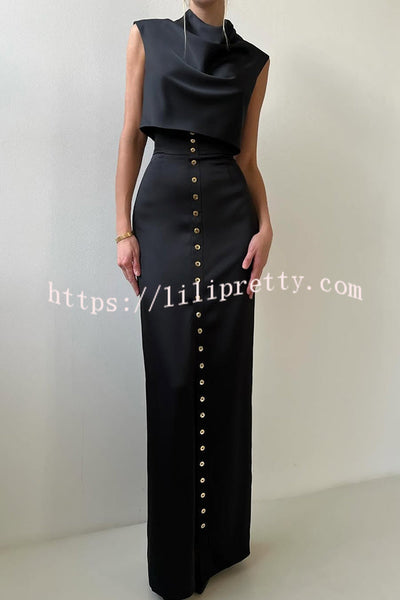 Solid Color Casual Sleeveless Crop Top and Elegant Button-down Maxi Skirt Set