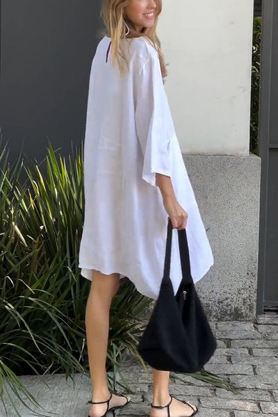 Linen Blend Solid Loose Casual Pocket Mini Dress