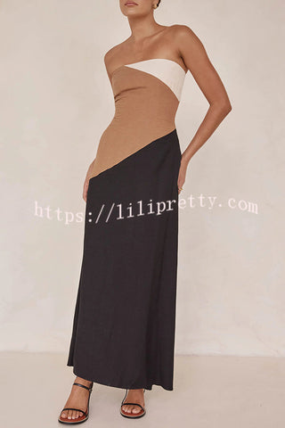 Calissa Asymmetrical Colour Block Strapless Pocketed A-line Maxi Dress