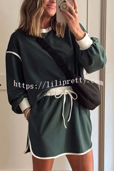 Fashion Round Neck Long Sleeve Spliced Casual Top and Elastic Waist Loose Shorts Set