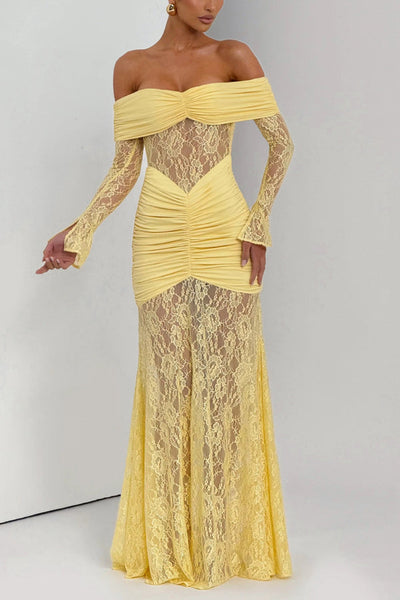 Solid Color Patchwork Lace Off-shoulder Long-sleeved Pleated Slim-fit Maxi Dress