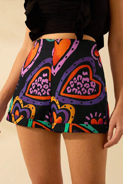 Heart Graffiti Print Casual Side Zipper Shorts