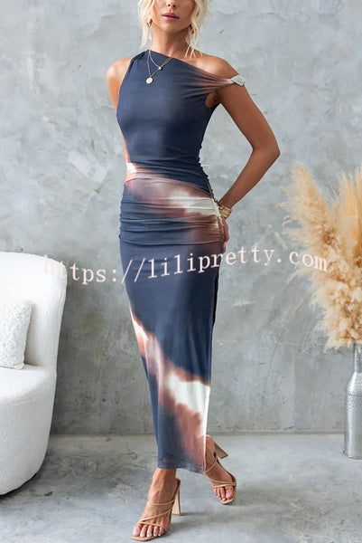 Esha Mesh Tie Dye Print Asymmetric Neck Twist Strap Stretch Maxi Dress