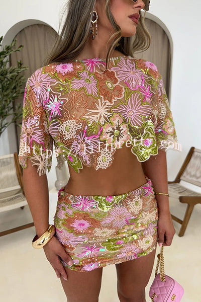 Fashionable Embroidered Flower Sequined Crop Top and Hip-hugging Mini Skirt Set
