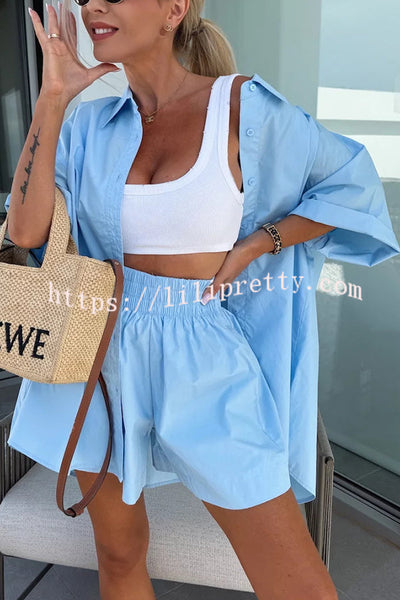 Summer Casual Loose Short-sleeved Shirt and Elastic High Waist Shorts Set