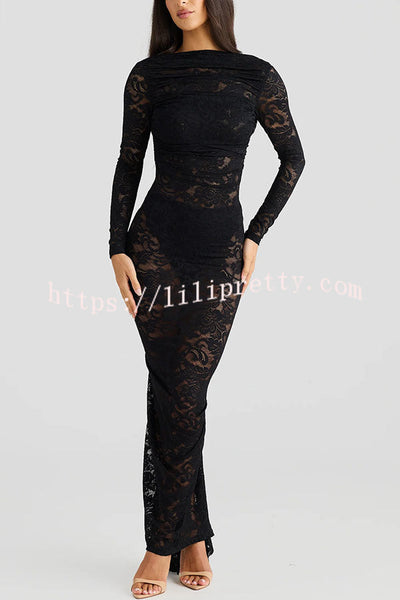 Timeless Lace High Gathered Neck Long Sleeve Backless Ruched Stretch Maxi Dress