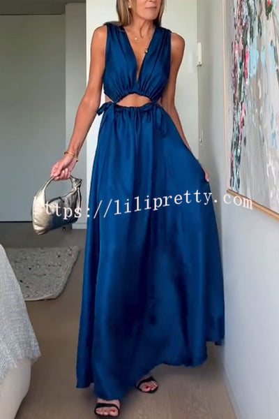 Midnight Charm Satin Ruched Cutout Tie-up Maxi Dress