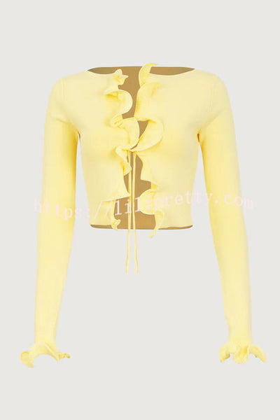 Fashion Ruffled Long-sleeved Tie-cropped Knitted Cardigan