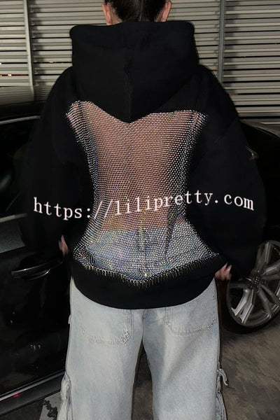 Fashionable Shiny Mesh Hollow Back Loose Long-sleeved Hooded Sweatshirt
