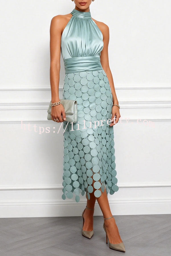 Janice Satin Ruched Halter Neck Sleeveless Embroidered Polka Dot Hem Midi Dress