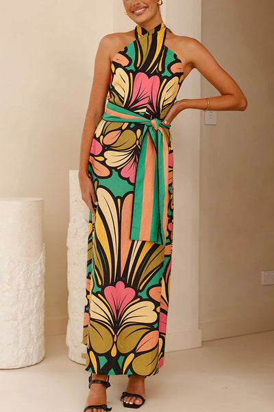 Unique Print Halter Neck Tie Backless Holiday Maxi Dress