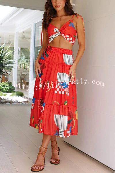 Unique Printed Sexy Camisole Elastic Waist Long Skirt Two Piece Set